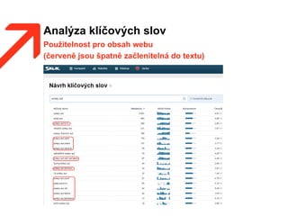 Analýza klíčových slov
Použitelnost pro obsah webu
(červeně jsou špatně začlenitelná do textu)
 