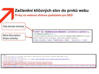 Začlenění klíčových slov do prvků webu
Prvky na webové stránce podstatné pro SEO
Title (titulek stránky)
Meta Description
(Popis stránky)
 