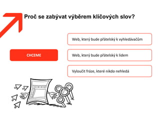 Proč se zabývat výběrem klíčových slov?
Web, který bude přátelský k vyhledávačům
Web, který bude přátelský k lidem
Vyloučit fráze, které nikdo nehledá
CHCEME
 