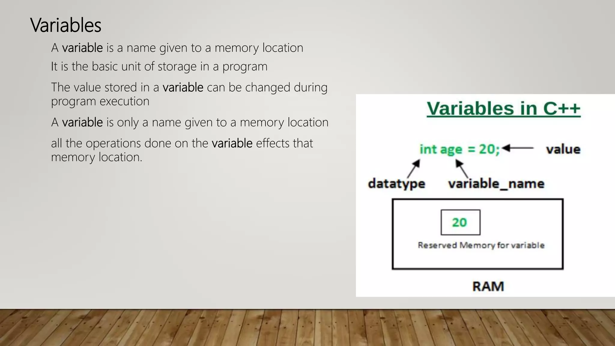Variables
A variable is a name given to a memory location
It is the basic unit of storage in a program
The value stored in a variable can be changed during
program execution
A variable is only a name given to a memory location
all the operations done on the variable effects that
memory location.
 