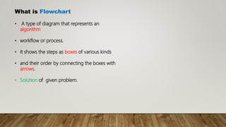 What is Flowchart
• A type of diagram that represents an
algorithm
• workflow or process.
• It shows the steps as boxes of various kinds
• and their order by connecting the boxes with
arrows.
• Solution of given problem.
 
