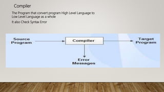 Compiler
The Program that convert program High Level Language to
Low Level Language as a whole
It also Check Syntax Error
 