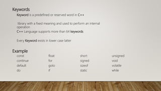 Keywords
Keyword is a predefined or reserved word in C++
library with a fixed meaning and used to perform an internal
operation
C++ Language supports more than 64 keywords
Every Keyword exists in lower case latter
Example
const float short unsigned
continue for signed void
default goto sizeof volatile
do if static while
 