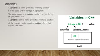 Variables
A variable is a name given to a memory location
It is the basic unit of storage in a program
The value stored in a variable can be changed during
program execution
A variable is only a name given to a memory location
all the operations done on the variable effects that
memory location.
 