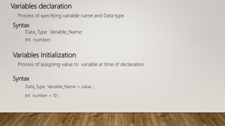 Variables declaration
Process of specifying variable name and Data type
Syntax
Data_Type Variable_Name;
Int number;
Variables Initialization
Process of assigning value to variable at time of declaration
Syntax
Data_Type Variable_Name = value ;
Int number = 10 ;
 