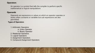 An operator is a symbol that tells the compiler to perform specific
mathematical or logical manipulations
Operators
Operands are expressions or values on which an operator operates or
works (often constants or variables but sub-expressions are also
permitted).
Operands
1. Arithmetic Operators
a. Unary Operator
b. Binary Operator
2. Relational Operators
3. Logical Operators
4. Assignment Operators
5. Compound Assignment Operators
Types of Operators
 