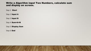 Write a Algorithm input Two Numbers, calculate sum
and display on screen.
Step 1: Start
Step 2: Input A
Step 3: Input B
Step 4: Sum=A+B
Step 5: Display Sum
Step 6: End
 