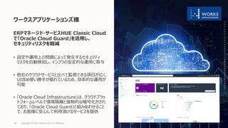 • 設定や運⽤上の問題によって発⽣するセキュリティ
リスクを⾃動検知し、インフラの安定的な運⽤に寄与
• 他社のクラウドサービスと⽐べて監視できる項⽬が広く、
UI含め使い勝⼿が優れているため、効率的な運⽤が
可能
• 「Oracle Cloud Infrastructure」は、クラウドプラッ
トフォームレベルで環境隔離と強制的な暗号化がされ
ており、「Oracle Cloud Guard」と組みあわせること
で、お客様に安⼼して利⽤頂けるサービスを提供
ワークスアプリケーションズ様
ERPマネージド・サービスHUE Classic Cloud
で「Oracle Cloud Guard」を活⽤し、
セキュリティリスクを軽減
Copyright © 2021, Oracle and/or its affiliates
36
 