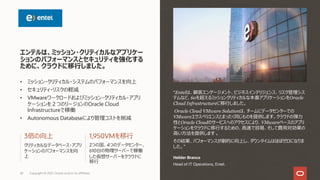“Entelは、顧客エンゲージメント、ビジネスインテリジェンス、リスク管理シス
テムなど、60を超えるミッションクリティカルな本番アプリケーションをOracle
Cloud Infrastructureに移⾏しました。
Oracle Cloud VMware Solutionは、チームにデータセンターでの
VMwareエクスペリエンスとまったく同じものを提供します。クラウドの弾⼒
性とOracle Cloudのサービスへのアクセスにより、VMwareベースのアプリ
ケーションをクラウドに移⾏するための、⾼速で容易、そして費⽤対効果の
⾼い⽅法を提供します 。
その結果、パフォーマンスが劇的に向上し、ダウンタイムはほぼゼロになりま
した。”
Helder Branco
Head of IT Operations, Entel.
• ミッション・クリティカル・システムのパフォーマンスを向上
• セキュリティ・リスクの軽減
• VMwareワークロードおよびミッション・クリティカル・アプリ
ケーションを２つのリージョンのOracle Cloud
Infrastructureで稼働
• Autonomous Databaseにより管理コストを削減
エンテルは、ミッション・クリティカルなアプリケー
ションのパフォーマンスとセキュリティを強化する
ために、クラウドに移⾏しました。
クリティカルなデータベース・アプリ
ケーションのパフォーマンスを向
上
3倍の向上
2つの国、4つのデータセンター、
610台の物理サーバーで稼働
した仮想サーバーをクラウドに
移⾏
1,950VMを移⾏
Copyright © 2021, Oracle and/or its affiliates
42
 