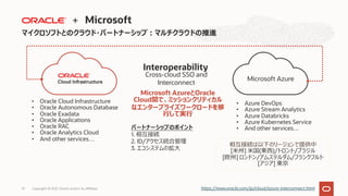 Microsoft AzureとOracle
Cloud間で、ミッションクリティカル
なエンタープライズワークロードを移
⾏して実⾏
Interoperability
Cross-cloud SSO and
Interconnect
• Oracle Cloud Infrastructure
• Oracle Autonomous Database
• Oracle Exadata
• Oracle Applications
• Oracle RAC
• Oracle Analytics Cloud
• And other services…
• Azure DevOps
• Azure Stream Analytics
• Azure Databricks
• Azure Kubernetes Service
• And other services…
Microsoft Azure
パートナーシップのポイント
1. 相互接続
2. ID/アクセス統合管理
3. エコシステムの拡⼤
マイクロソフトとのクラウド・パートナーシップ︓マルチクラウドの推進
Copyright © 2021, Oracle and/or its affiliates
91
相互接続は以下のリージョンで提供中
[⽶州] ⽶国(東⻄)/トロント/ブラジル
[欧州] ロンドン/アムステルダム/フランクフルト
[アジア] 東京
+ Microsoft
https://www.oracle.com/jp/cloud/azure-interconnect.html
 
