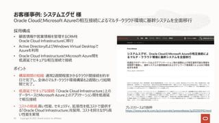 Oracle CloudとMicrosoft Azureの相互接続によるマルチ・クラウド環境に基幹システムを全⾯移⾏
お客様事例: システムエグゼ 様
採⽤構成
• 顧客情報や営業情報を管理するCRMを
Oracle Cloud Infrastructureに移⾏
• Active DirectoryおよびWindows Virtual Desktopで
Azureを利⽤
• Oracle Cloud InfrastructureとMicrosoft Azure間を
低遅延でセキュアな相互接続で接続
ポイント
• 構築期間の短縮: 通常2週間程度かかるクラウド間接続を約半
⽇で完了し、全体のマルチ・クラウド環境構築も2週間という短期
間で完了。
• 低遅延でセキュアな接続: 「Oracle Cloud Infrastructure」上の
データベースとMicrosoft Azure上のアプリケーション間を低遅延
で相互接続
• コストの削減:⾼い性能、セキュリティ、拡張性を低コストで提供す
る「Oracle Cloud Infrastructure」を採⽤、コストを抑えながら⾼
い性能を実現
プレスリリースより抜粋
https://www.oracle.com/jp/corporate/pressrelease/jp20200910.html
Copyright © 2021, Oracle and/or its affiliates
93
 