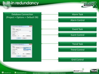 Database Connection            Alarm Task
(Project > Options > Default DB)
                                   Alarm Control


                                    Event Task

                                   Event Control


                                    Trend Task

                                   Trend Control



                                   Grid Control
 