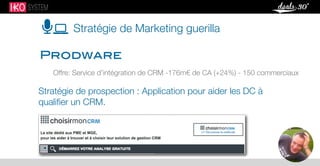 Prodware
Offre: Service d’intégration de CRM -176m€ de CA (+24%) - 150 commerciaux
Stratégie de prospection : Application pour aider les DC à
qualiﬁer un CRM.
Stratégie de Marketing guerilla
 