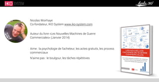 Nicolas Woirhaye
Co-fondateur, IKO System www.iko-system.com
Auteur du livre «Les Nouvelles Machines de Guerre
Commerciales» (Janvier 2014)
Aime : la psychologie de l’acheteur, les actes gratuits, les process
commerciaux
N’aime pas : le boulgour, les tâches répétitives
 