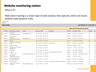 Website monitoring station
What is it?

Web visitor tracking is a newer type of web analytics that captures, alerts and routes
website leads based on rules.
 