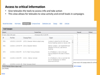 Access to critical information
• Give telesales the tools to access info and take action
• This view allows for telesales to view activity and enroll leads in campaigns




    Share | Learn | Save
 