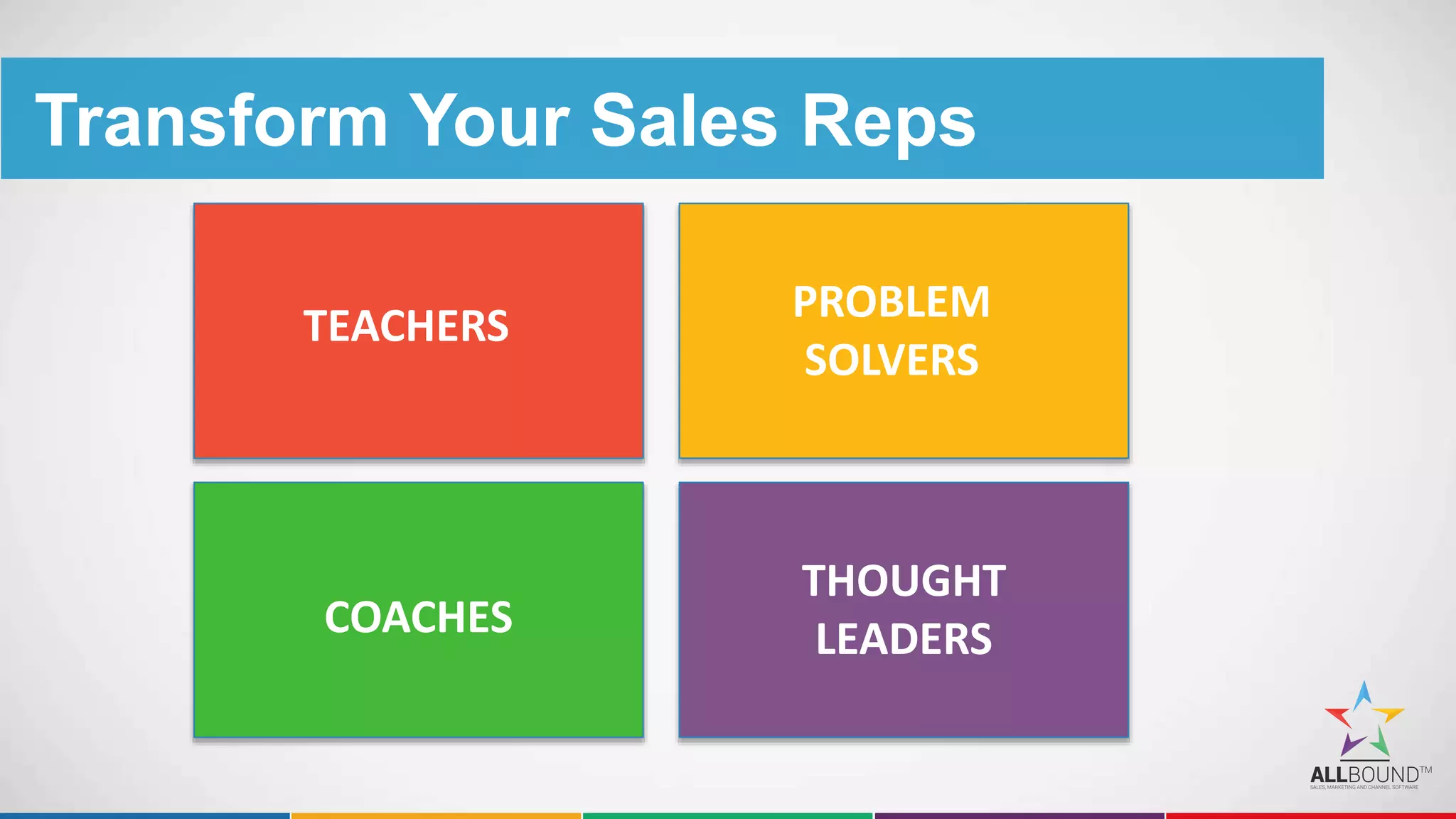 Transform Your Sales Reps
TEACHERS PROBLEM
SOLVERS
COACHES
THOUGHT
LEADERS
 