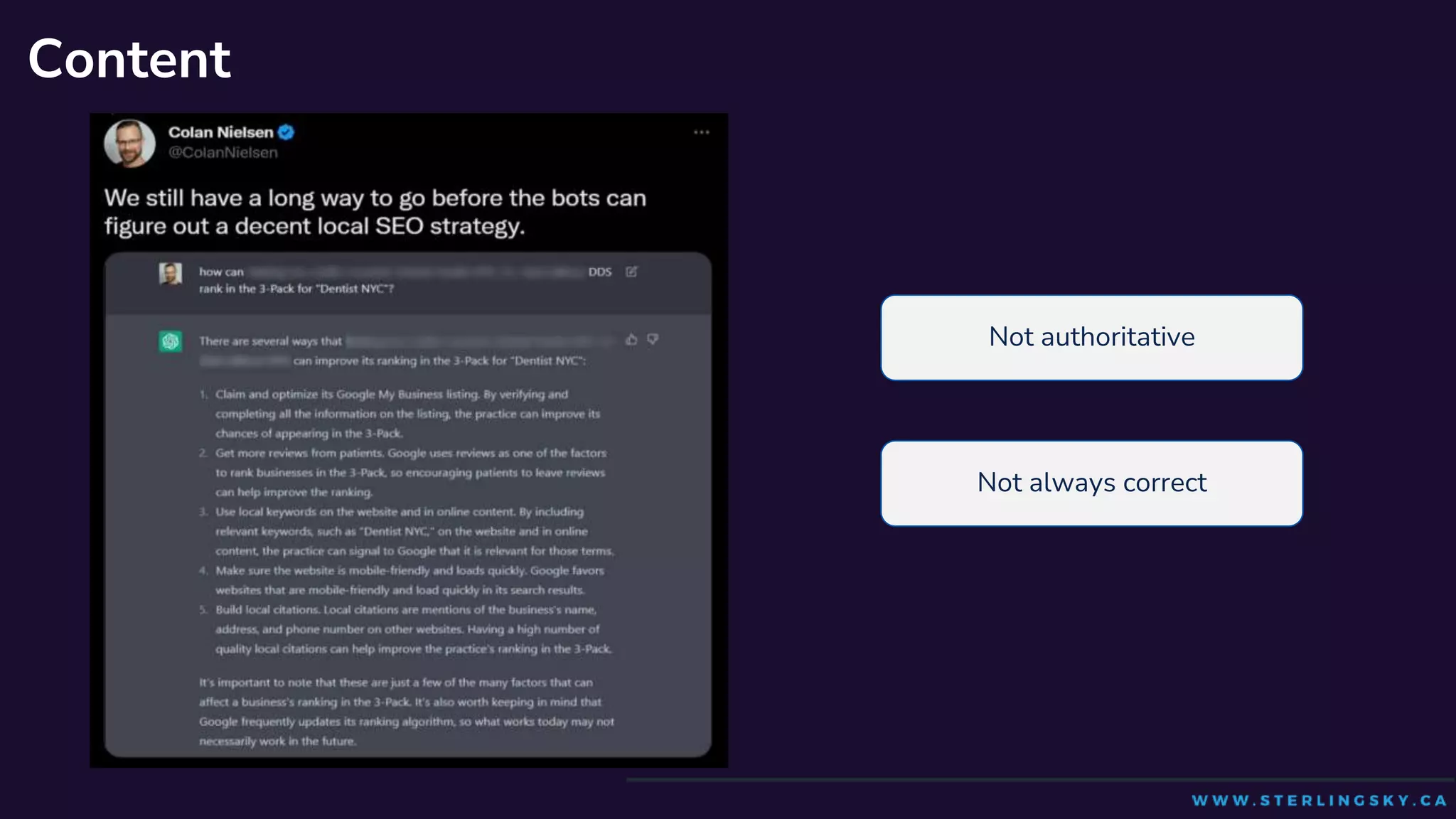 @MilestoneMkt
Content
Not authoritative
Not always correct
 
