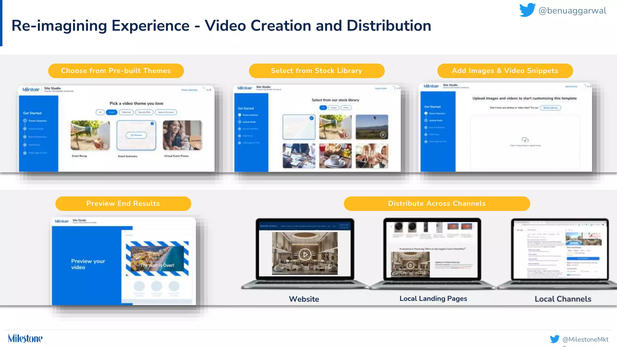 @MilestoneMkt
Re-imagining Experience - Video Creation and Distribution
Choose from Pre-built Themes Select from Stock Library Add Images & Video Snippets
Preview End Results Distribute Across Channels
Website Local Landing Pages
@benuaggarwal
 