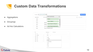 13
Custom Data Transformations
● Aggregations
● Groupings
● Ad Hoc Calculations
 