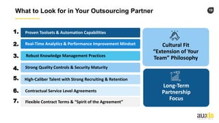 10
What to Look for in Your Outsourcing Partner
High-Caliber Talent with Strong Recruiting & Retention
Robust Knowledge Management Practices
Proven Toolsets & Automation Capabilities
Real-Time Analytics & Performance Improvement Mindset
Strong Quality Controls & Security Maturity
Contractual Service Level Agreements
Long-Term
Partnership
Focus
Cultural Fit
“Extension of Your
Team” Philosophy
Flexible Contract Terms & “Spirit of the Agreement”
1.
2.
3.
4.
5.
6.
7.
 