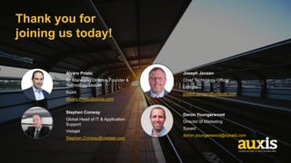 Thank you for
joining us today!
Stephen Conway
Global Head of IT & Application
Support
Vistajet
Stephen.Conway@vistajet.com
Doron Youngerwood
Director of Marketing
Sysaid
doron.youngerwood@sysaid.com
Joseph Jensen
Chief Technology Officer
Unilode
joseph.jensen@unilode.com
Alvaro Prieto
Sr. Managing Director, Founder &
Technology Leader
Auxis
Alvaro.Prieto@auxis.com
 