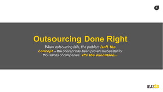 5
Outsourcing Done Right
When outsourcing fails, the problem isn’t the
concept – the concept has been proven successful for
thousands of companies. It’s the execution…
 
