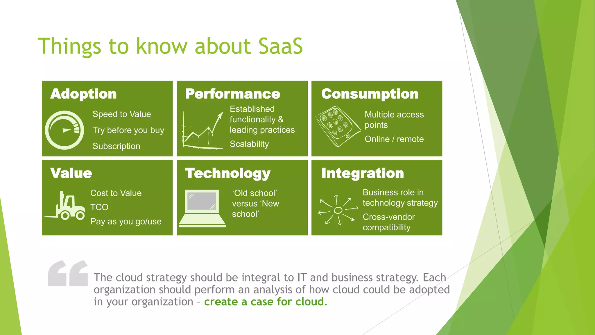 ?Things to know about SaaS
Established
functionality &
leading practices
Scalability
‘Old school’
versus ‘New
school’
Multiple access
points
Online / remote
Business role in
technology strategy
Cross-vendor
compatibility
Cost to Value
TCO
Pay as you go/use
Adoption Performance Consumption
Value Technology Integration
Speed to Value
Try before you buy
Subscription
The cloud strategy should be integral to IT and business strategy. Each
organization should perform an analysis of how cloud could be adopted
in your organization – create a case for cloud.
 