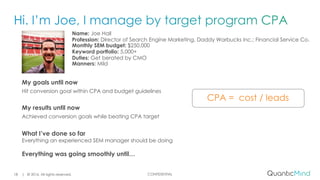 CONFIDENTIAL
Name: Joe Hall
Profession: Director of Search Engine Marketing, Daddy Warbucks Inc.; Financial Service Co.
Monthly SEM budget: $250,000
Keyword portfolio: 5,000+
Duties: Get berated by CMO
Manners: Mild
| © 2016. All rights reserved.18
CPA = cost / leads
My goals until now
Hit conversion goal within CPA and budget guidelines
My results until now
Achieved conversion goals while beating CPA target
What I’ve done so far
Everything an experienced SEM manager should be doing
Everything was going smoothly until…
 