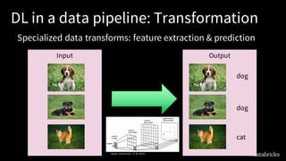 DL in a data pipeline: Transformation
Specialized data transforms: feature extraction & prediction
Input Output
cat
dog
dog
Saulius Garalevicius - CC BY-SA3.0
 