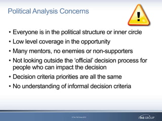 Political Analysis Concerns

• Everyone is in the political structure or inner circle
• Low level coverage in the opportunity
• Many mentors, no enemies or non-supporters
• Not looking outside the „official‟ decision process for
  people who can impact the decision
• Decision criteria priorities are all the same
• No understanding of informal decision criteria



                          © The TAS Group 2012
 