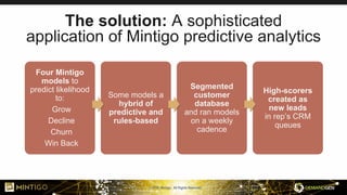 © 2018, Mintigo. All Rights Reserved.
The solution: A sophisticated
application of Mintigo predictive analytics
Four Mintigo
models to
predict likelihood
to:
Grow
Decline
Churn
Win Back
Some models a
hybrid of
predictive and
rules-based
Segmented
customer
database
and ran models
on a weekly
cadence
High-scorers
created as
new leads
in rep’s CRM
queues
 