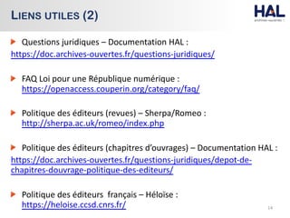 Questions juridiques – Documentation HAL :
https://doc.archives-ouvertes.fr/questions-juridiques/
FAQ Loi pour une Républi...