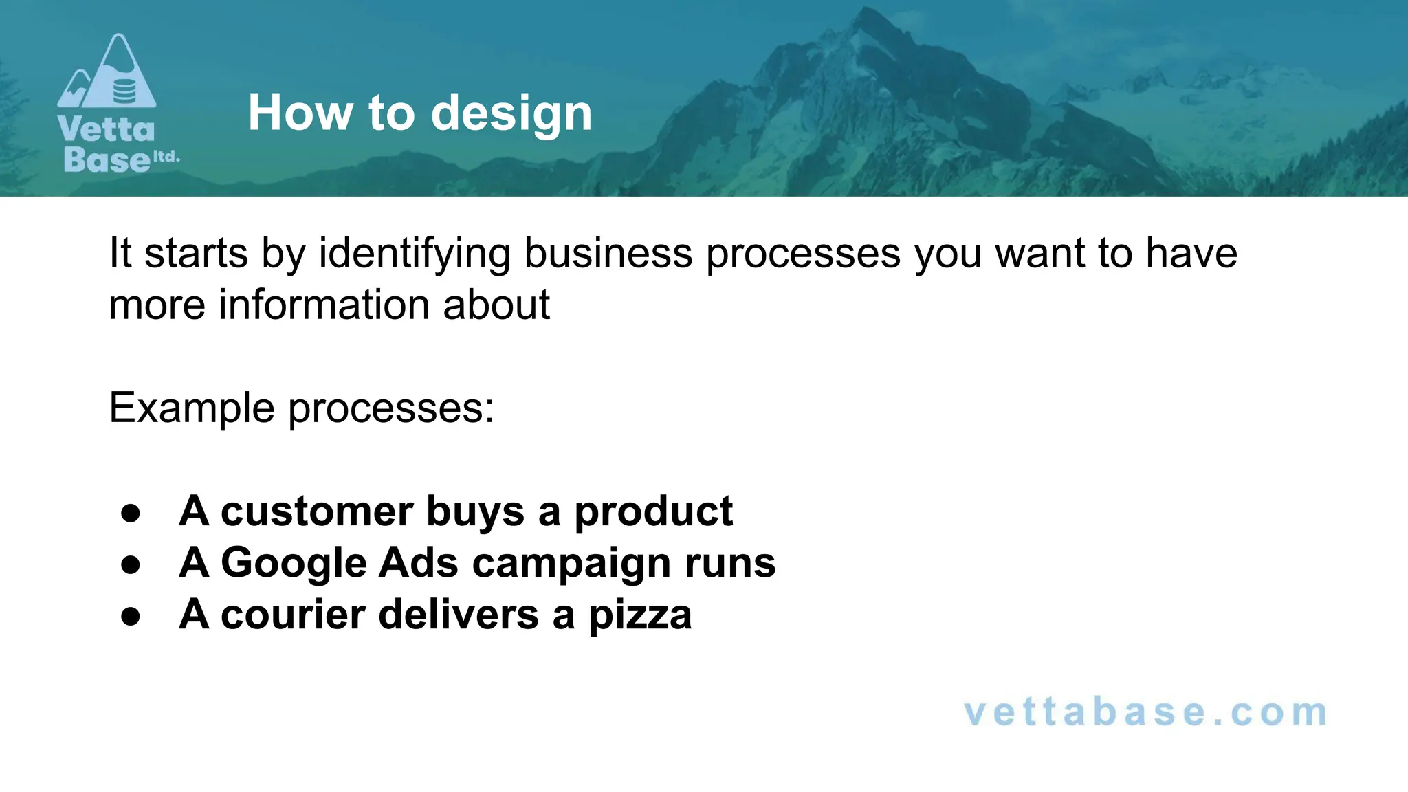 It starts by identifying business processes you want to have
more information about
Example processes:
● A customer buys a product
● A Google Ads campaign runs
● A courier delivers a pizza
How to design
 