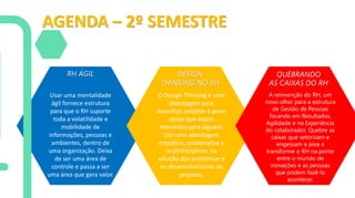 AGENDA – 2º SEMESTRE
RH ÁGIL DESIGN
THINKING NO RH
QUEBRANDO
AS CAIXAS DO RH
Usar uma mentalidade
ágil fornece estrutura
para que o RH suporte
toda a volatilidade e
mobilidade de
informações, pessoas e
ambientes, dentro de
uma organização. Deixa
de ser uma área de
controle e passa a ser
uma área que gera valor.
O Design Thinking é uma
abordagem para
desenhar, projetar e gerar
ideias que sejam
relevantes para alguém.
Use uma abordagem
empática, colaborativa e
multidisciplinar, na
solução dos problemas e
no desenvolvimento de
projetos.
A reinvenção do RH, um
novo olhar para a estrutura
de Gestão de Pessoas
focando em Resultados,
Agilidade e na Experiência
do colaborador. Quebre as
caixas que setorizam e
engessam a área e
transforme o RH na ponte
entre o mundo de
inovações e as pessoas
que podem fazê-lo
acontecer.
 