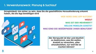 4
1. Verwendunszweck: Planung & Suchlauf
Dringlichkeit: Um sicher zu sein, dass Sie die geschäftliche Herausforderung erkannt
haben, die die App bewältigen wird
WER WIRD IHRE APP NUTZEN?
WOZU?
WAS IST DER MEHRWERT?
WELCHE MOBILEN GERÄTE?
WAS SIND DIE BEDÜRFNISSE IHRER BENUTZER?
Der Kernpunkt ist klar und deutlich
zu bestimmen, was Sie wollen.
Anstatt zu versuchen, alles
einzubeziehen, nur weil Sie es
machen können!
 