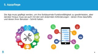 8
5. Apppflege
Die App muss gepflegt werden, um ihre fortdauernde Funktionsfähigkeit zu gewährleisten, aber
darüber hinaus muss sie auch mit den sich ändernden Anforderungen - denen Ihres Geschäfts
und denen Ihrer Benutzer - Schritt halten.
 