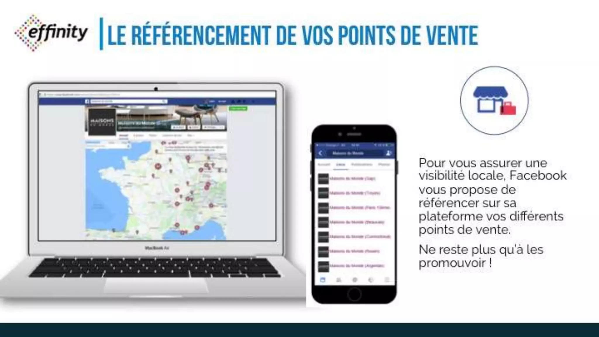 LE RÉFÉRENCEMENT DE VOS
POINTS DE VENTE
Pour vous assurer une
visibilité locale, Facebook
vous propose de
référencer sur sa
plateforme vos différents
points de vente.
Ne reste plus qu’à les
promouvoir !
 