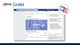 LA VIDÉO
Les vidéos sont les
contenus de demain
Les vidéos sont parmi les
contenus les plus
consommé sur Facebook
Les vidéos sont des
dispositifs branding
impactant permettant de
constituer des audiences à
retravailler par la suite.
 