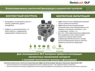 24
КОНТЕКСТНЫЙ КОНТРОЛЬ
• Опосредован: контролируется доступ к
портам, устройствам, другим
интерфейсам
• Надежен, но неинтеллектуален: не
может работать с информацией,
содержащейся в формах данных
КОНТЕНТНАЯ ФИЛЬТРАЦИЯ
• Эффективный анализ информации возможен
только в рамках её контекста
• Эффективная контентная фильтрация
невозможна без сопутствующих данных о её
передаче, отвечающих на вопросы: «кто»,
«откуда/куда», «когда» и т.п.
• Для того, чтобы отфильтрованная информация
была содержательной и применимой к
конкретным задачам обеспечения
информационной безопасности, методы
контентной фильтрации должны включать
обработку контекстных параметров
Взаимозависимость контентной фильтрации и контекстного контроля
Для полноценного DLP контроля требуется интеграция
контекстных механизмов контроля
с системой контентного анализа и фильтрации
Сочетание контекстных и контентных механизмов для эффективной реализации принципа наименьших привилегий в DLP:
• Сначала ограничить до минимума разрешенные каналы передачи данных – без нарушения бизнес-процессов
• Затем использовать инспекцию содержимого (контента) для блокировки потоков данных, нерелевантных для бизнес-процессов
КудаКто Что Когда Как
Контекст
Содержимое
Контент
 