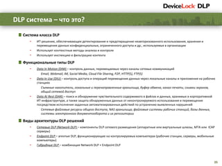 35
Система класса DLP
• ИТ-решение, обеспечивающее детектирование и предотвращение неавторизованного использования, хранения и
перемещения данных конфиденциальных, ограниченного доступа и др., используемых в организации
• Использует контекстные методы анализа и контроля
• Использует инспекцию и фильтрацию контента
Функциональные типы DLP
• Data In Motion (DIM) – контроль данных, перемещаемых через каналы сетевых коммуникаций
Email, Webmail, IM, Social Media, Cloud File Sharing, P2P, HTTP(S), FTP(S)
• Data In Use (DIU) – контроль доступа и операций перемещения данных через локальные каналы и приложения на рабочих
станциях
Съемные накопители, локальные и перенаправленные хранилища, буфер обмена, канал печати, снимки экранов,
общий сетевой доступ
• Data At Rest (DAR) – поиск и обнаружение чувствительного содержимого в файлах и данных, хранимых в корпоративной
ИТ-инфраструктуре, а также защита обнаруженных данных от неконтролируемого использования и перемещения
посредством исполнения заданных автоматизированных действий по устранению выявленных нарушений
Сетевые файловые ресурсы общего доступа, NAS хранилища, файловые системы рабочих станций, базы данных,
системы электронного документооборота и их репозитории
Виды архитектуры DLP решений
• Сетевые DLP (Network DLP) – компоненты DLP сетевого размещения (аппаратные или виртуальные шлюзы, MTA или ICAP
серверы)
• Endpoint DLP – агентыe DLP, функционирующие на контролируемых компьютерах (рабочие станции, серверы, мобильные
компьютеры)
• Гибридные DLP – комбинация Network DLP + Endpoint DLP
DLP система – что это?
 