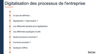 Digitalisation des processus de l'entreprise
Sommaire
 Un peu de définition…
 Digitalisation = Optimisation ?
 Les différentes facettes de la digitalisation
 Les différentes typologies d’outils
 Quels processus concernés ?
 Comment procéder ?
 Quelques chiffres
 