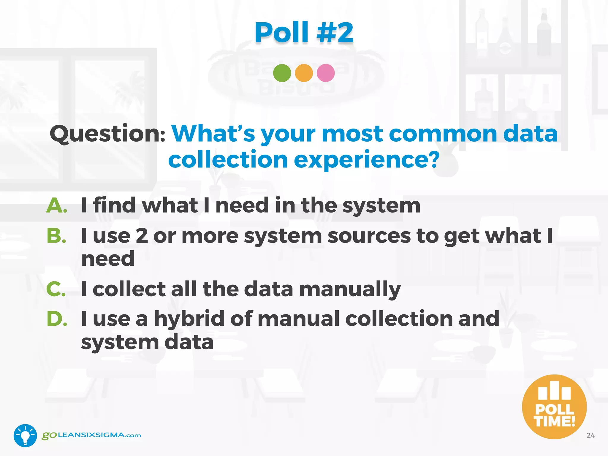 Poll #2
Question: What’s your most common data
collection experience?
A. I find what I need in the system
B. I use 2 or more system sources to get what I
need
C. I collect all the data manually
D. I use a hybrid of manual collection and
system data
24
 