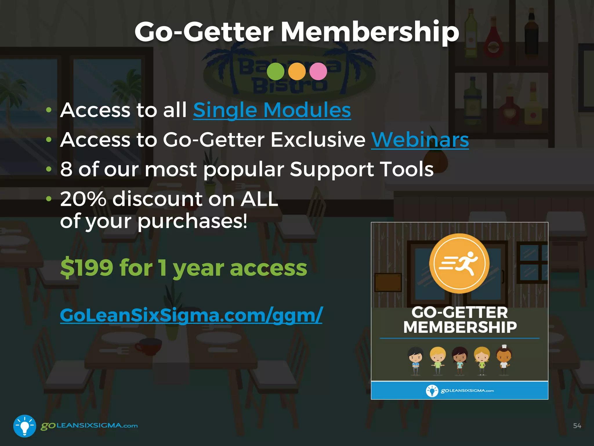 Go-Getter Membership
54
• Access to all Single Modules
• Access to Go-Getter Exclusive Webinars
• 8 of our most popular Support Tools
• 20% discount on ALL
of your purchases!
$199 for 1 year access
GoLeanSixSigma.com/ggm/
 