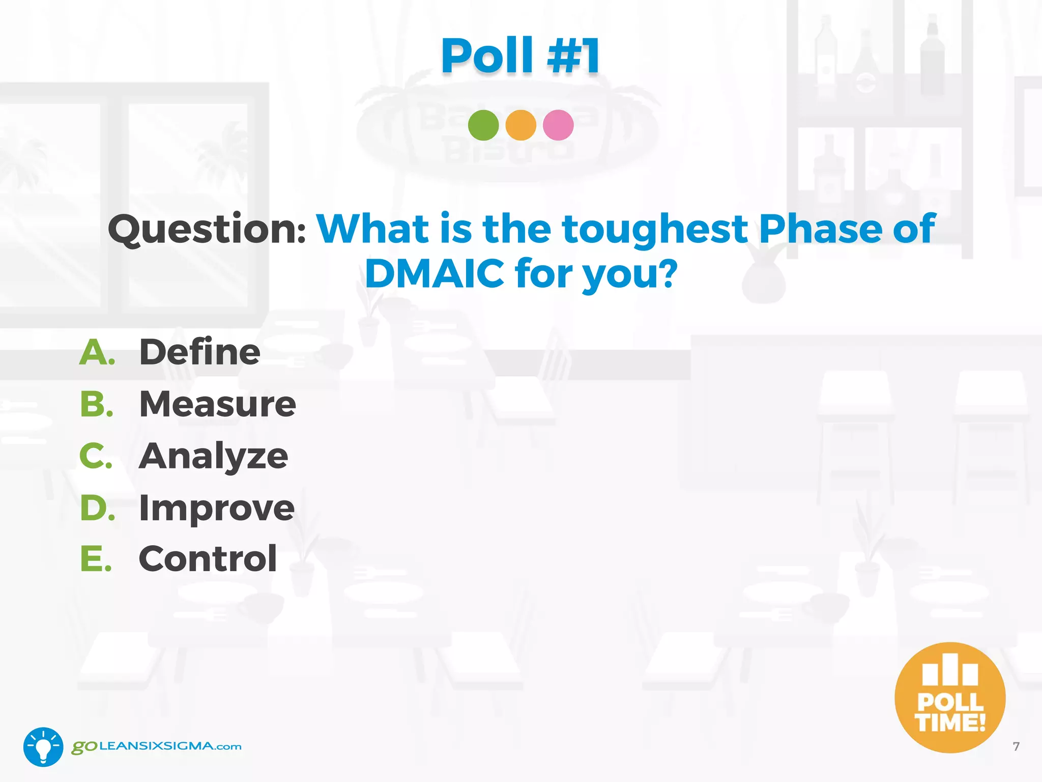 Poll #1
Question: What is the toughest Phase of
DMAIC for you?
A. Define
B. Measure
C. Analyze
D. Improve
E. Control
7
 