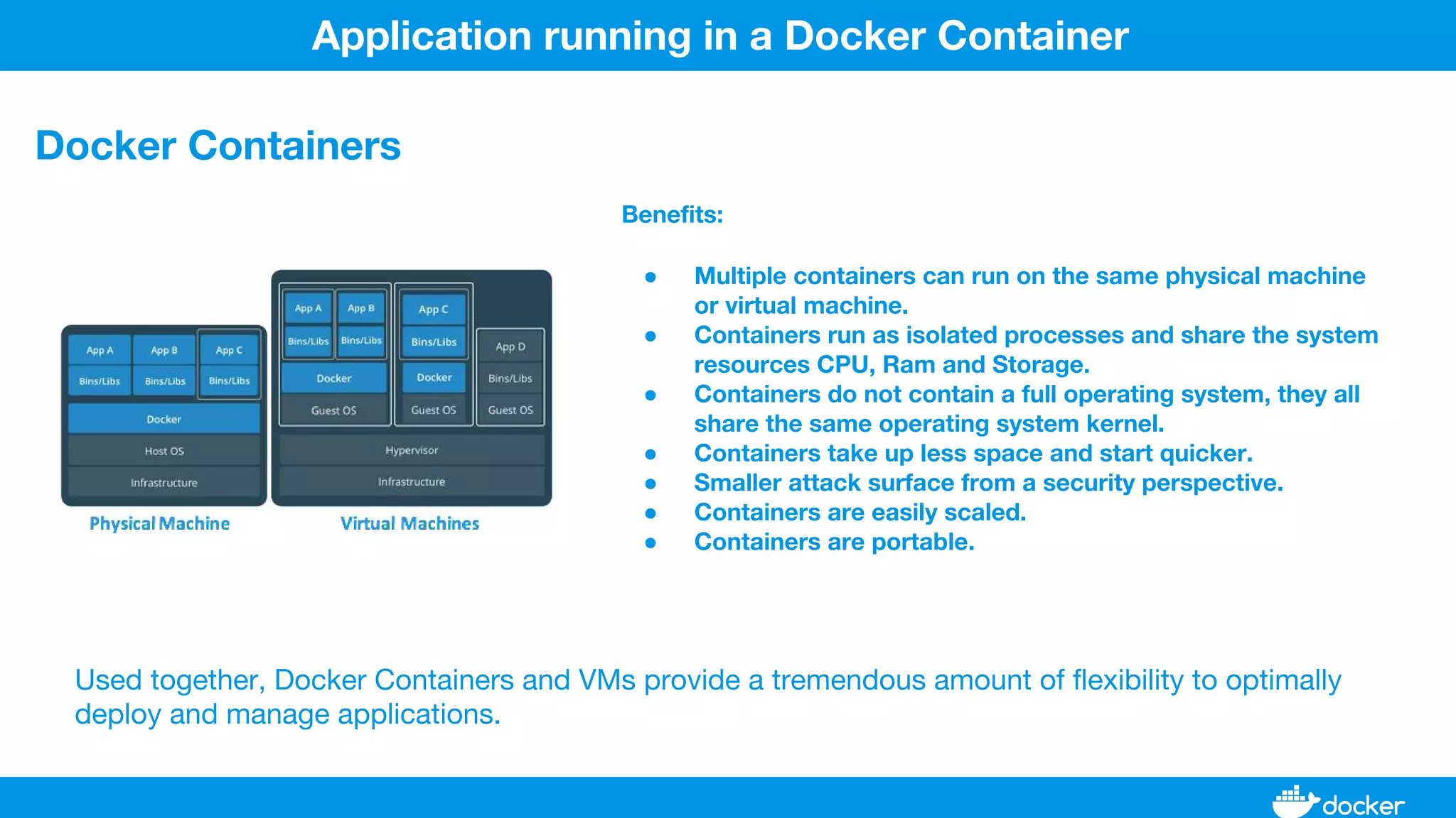 Benefits:
● Multiple containers can run on the same physical machine
or virtual machine.
● Containers run as isolated processes and share the system
resources CPU, Ram and Storage.
● Containers do not contain a full operating system, they all
share the same operating system kernel.
● Containers take up less space and start quicker.
● Smaller attack surface from a security perspective.
● Containers are easily scaled.
● Containers are portable.
Application running in a Docker Container
Docker Containers
Used together, Docker Containers and VMs provide a tremendous amount of flexibility to optimally
deploy and manage applications.
 