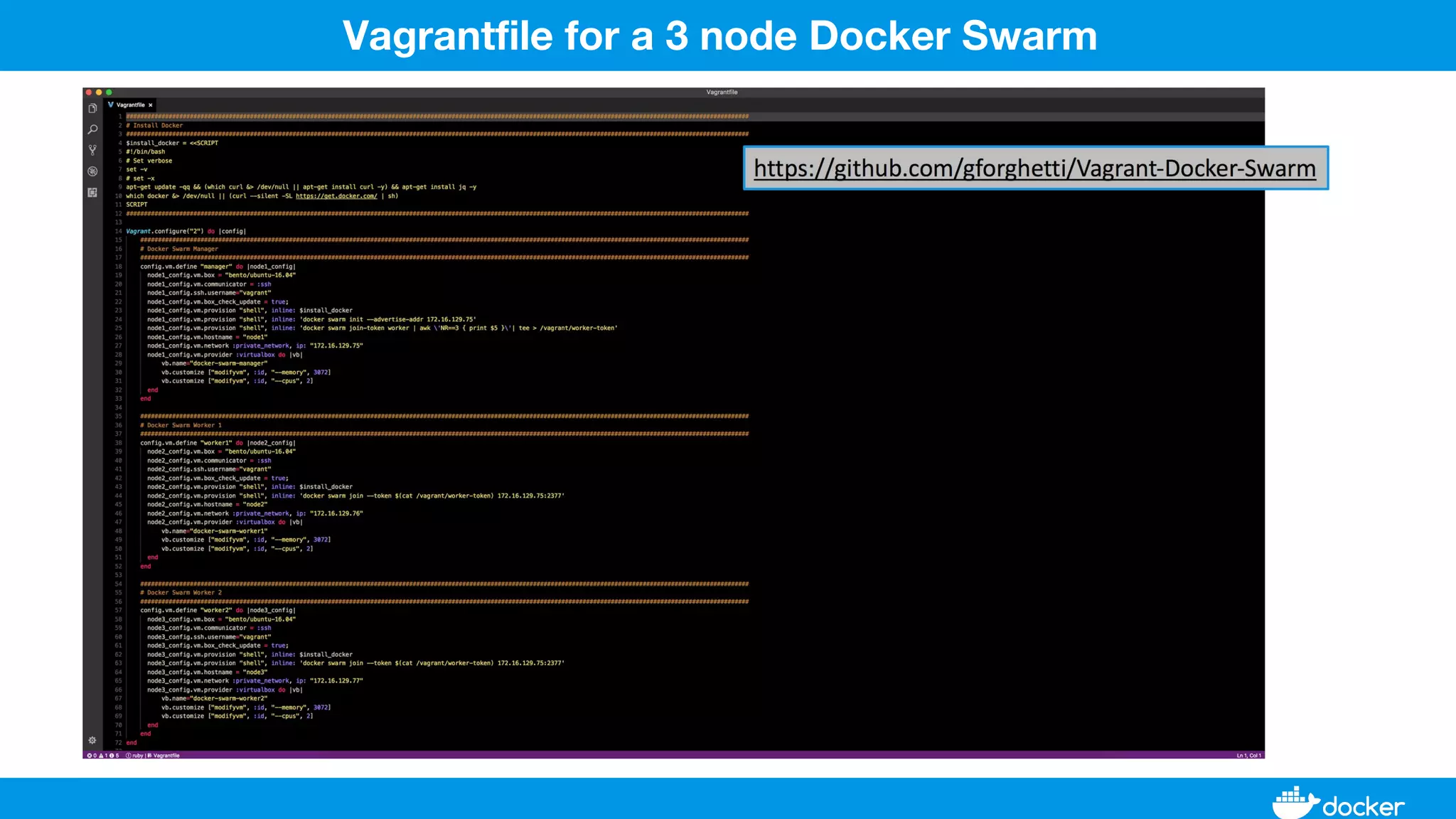 Vagrantfile for a 3 node Docker Swarm
 