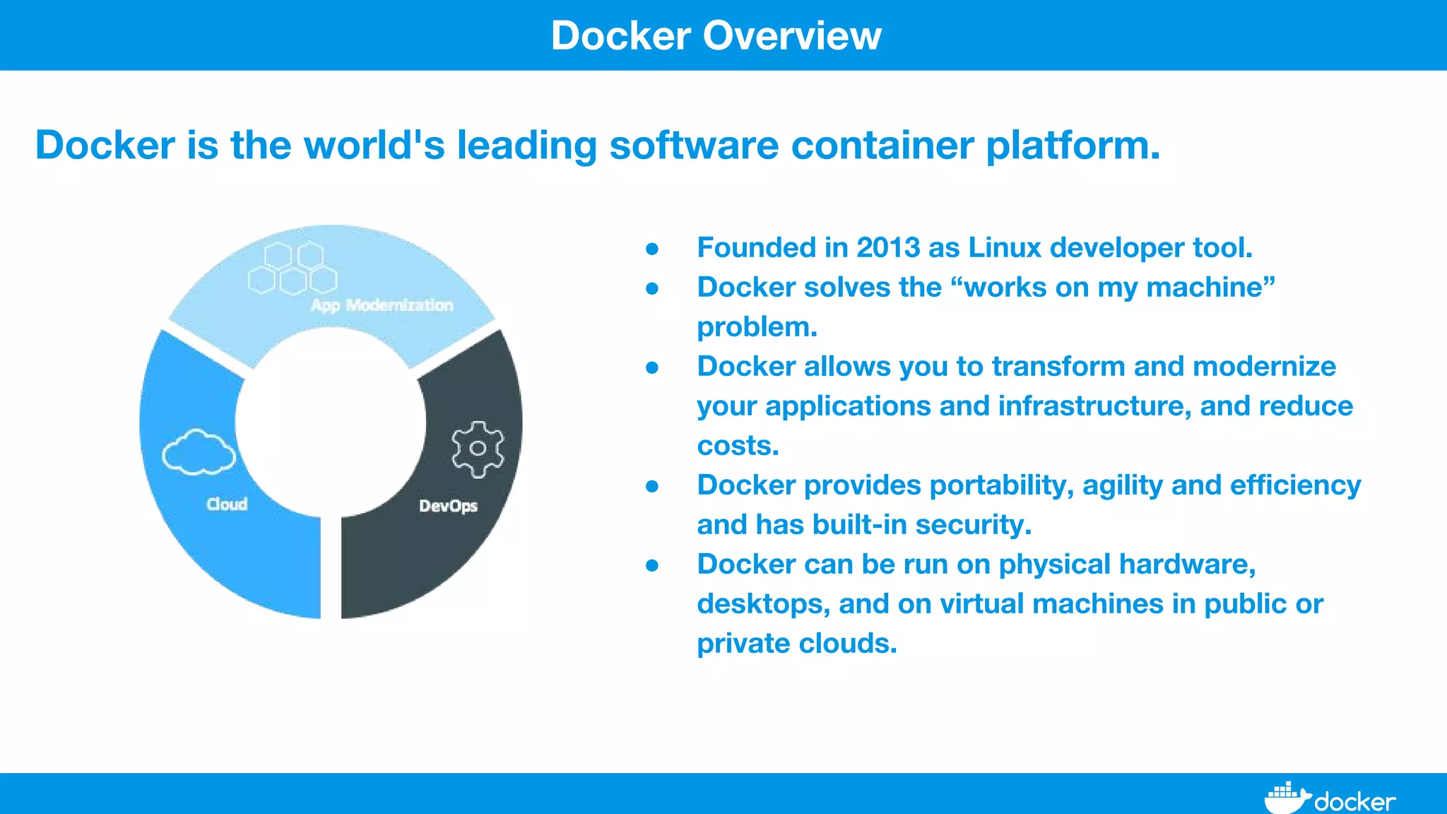 ● Founded in 2013 as Linux developer tool.
● Docker solves the “works on my machine”
problem.
● Docker allows you to transform and modernize
your applications and infrastructure, and reduce
costs.
● Docker provides portability, agility and efficiency
and has built-in security.
● Docker can be run on physical hardware,
desktops, and on virtual machines in public or
private clouds.
Docker Overview
Docker is the world's leading software container platform.
 