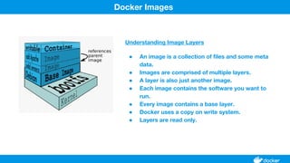 Understanding Image Layers
● An image is a collection of files and some meta
data.
● Images are comprised of multiple layers.
● A layer is also just another image.
● Each image contains the software you want to
run.
● Every image contains a base layer.
● Docker uses a copy on write system.
● Layers are read only.
Docker Images
 
