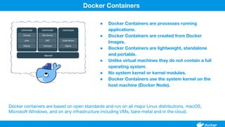 ● Docker Containers are processes running
applications.
● Docker Containers are created from Docker
Images.
● Docker Containers are lightweight, standalone
and portable.
● Unlike virtual machines they do not contain a full
operating system.
● No system kernel or kernel modules.
● Docker Containers use the system kernel on the
host machine (Docker Node).
Docker Containers
Docker containers are based on open standards and run on all major Linux distributions, macOS,
Microsoft Windows, and on any infrastructure including VMs, bare-metal and in the cloud.
 